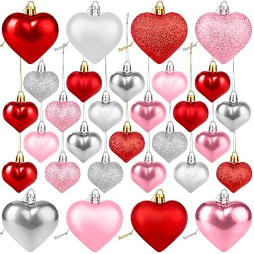 Valentines Day Heart Decorations for Tree 30 Pcs, Red Pink Silver Tree Hanging Ornaments for Wedding Anniversary Party, Valentine Romantic Heart Shaped Ornament Decor Gifts for Home Fireplace Door