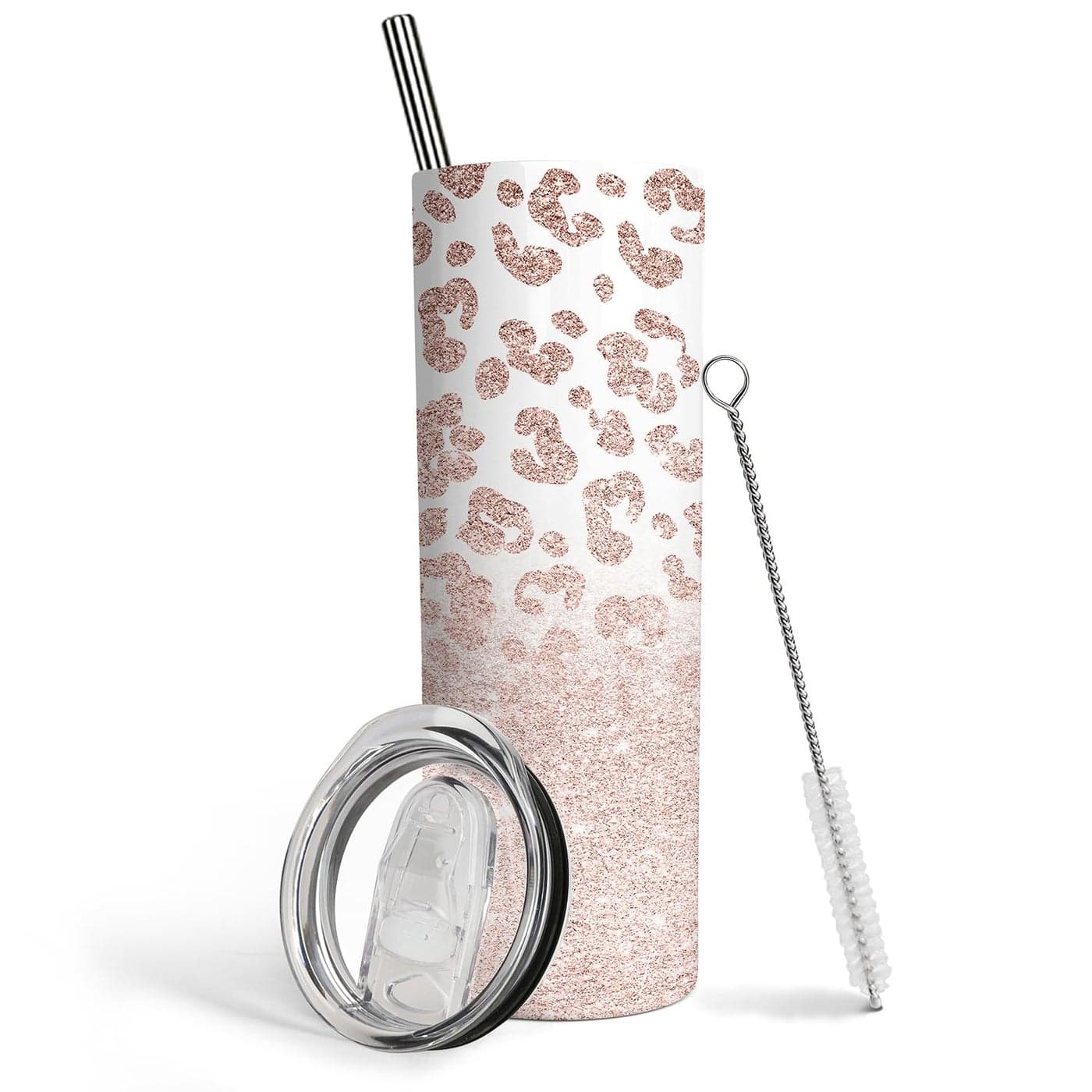 Heqianco Leopard Tumbler for Women With Lid And Straw 20oz Print Tumbler Stainless Steel Insulated Cup Pink Leopard Coffee Travel Mug