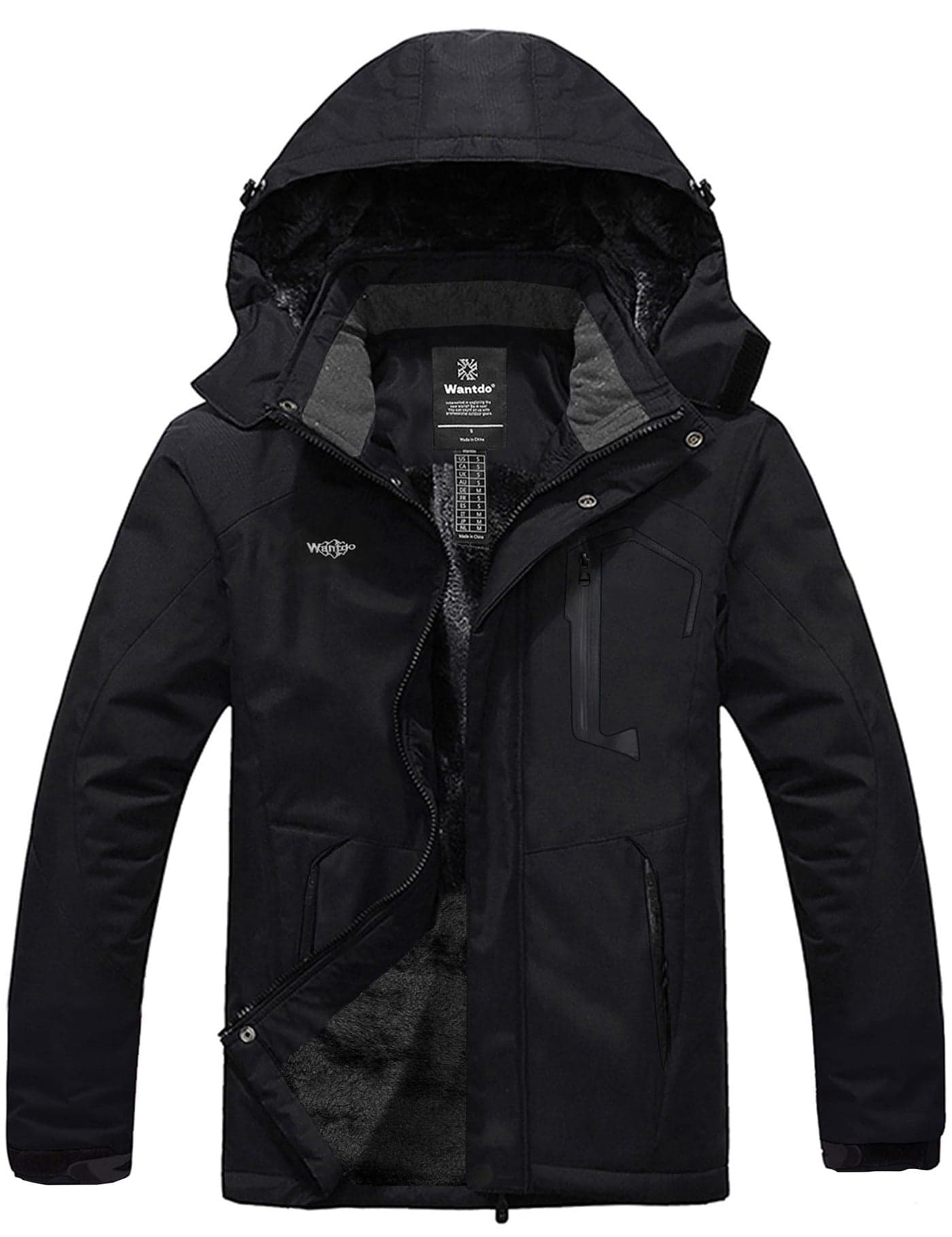 Wantdo Men's Waterproof Mountain Jacket Fleece Windproof Ski Jacket US L Black L