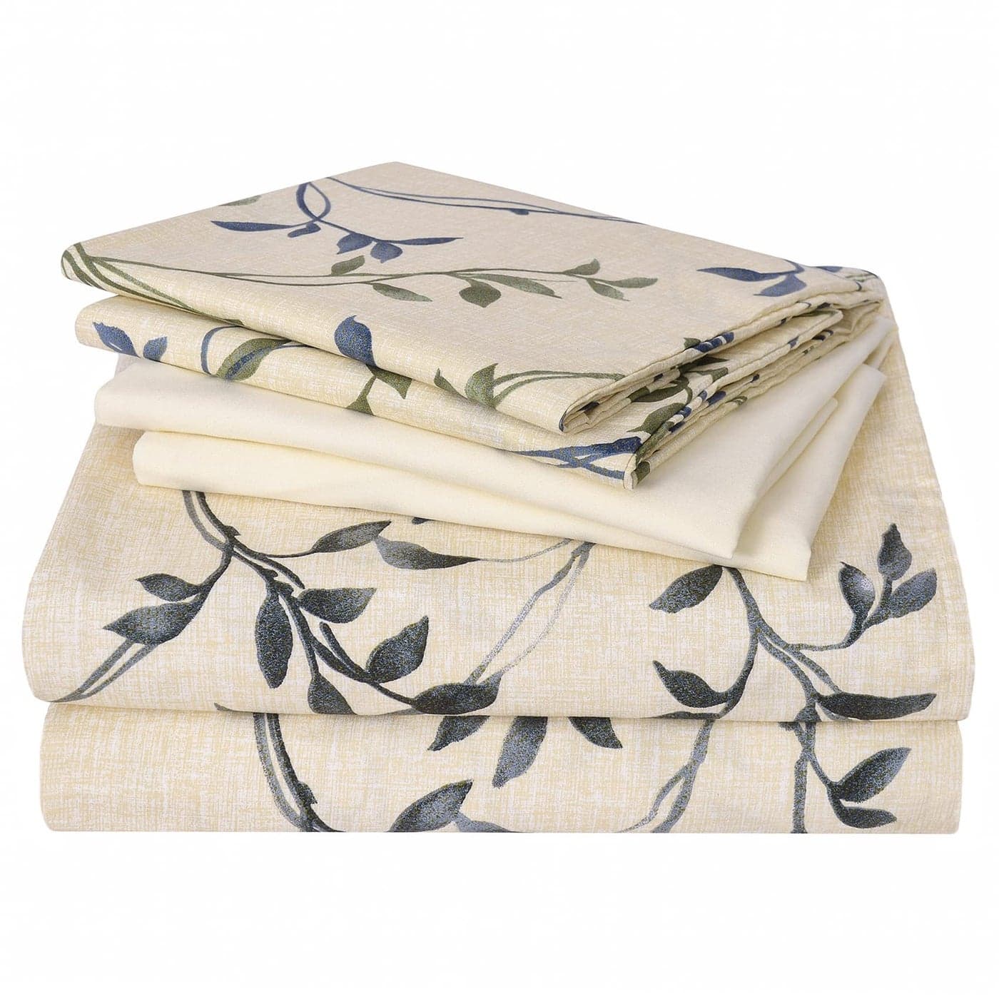 JSD 6 Piece Beige Leaves Printed Sheet Set King Size Soft Botanical Pattern Microfiber Sheets Extra Deep Pocket