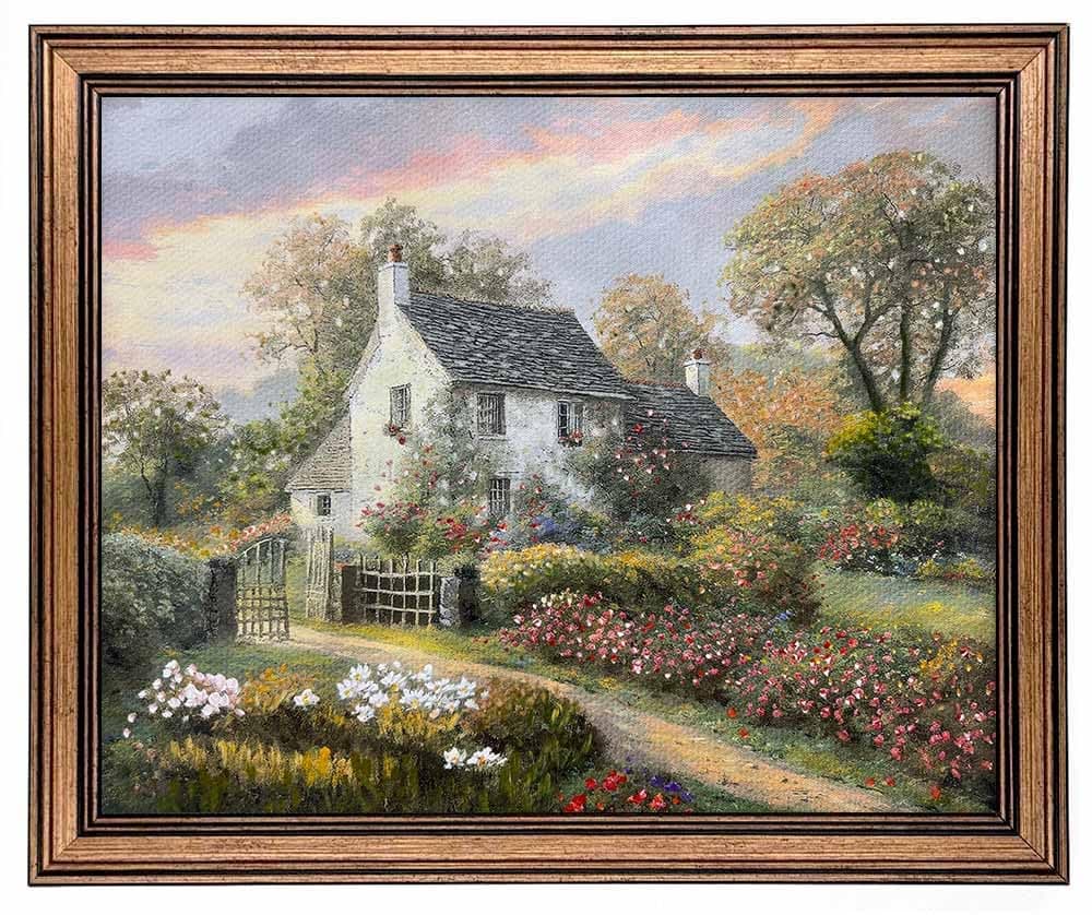 Gold Framed Vintage Wall Art Classical French Village Garden Painting Canvas Print Bedroom Dining Room Farmhouse Wall Decor (cottage, 12L x 9.5W)