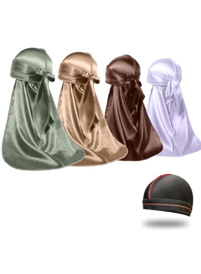 4PCS Silky Durags for Men Women 360 Waves with 1 Wave Cap Silky Satin Durag Extra Long Tails
