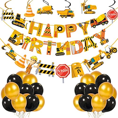 Zyozique Construction Birthday Party Supplies Dump Truck Birthday Party Decorations Paper Banner , Character Paper Banner , Hanging Swirls and Balloon for Construction Theme Birthday Party 33 Pack