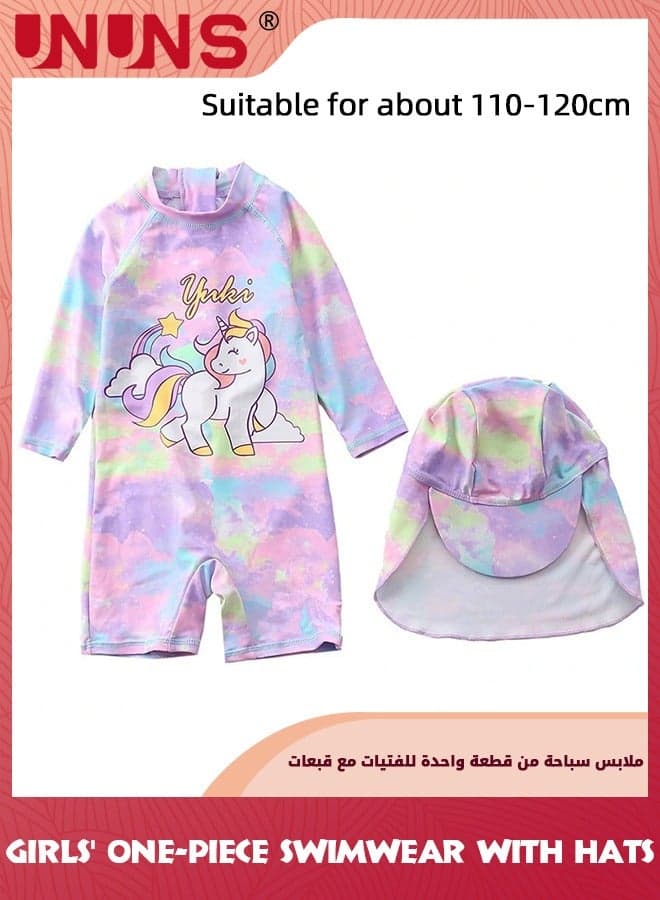 One Piece Swimsuit Set For Baby Toddler,Little Kid Girls One-Piece Swimwear With Sun Protection Hat,Zipper Bathing Suit Beach Swimwear,Short Sleeves Guard Swimsuit Swimwear,Pink Unicorn
