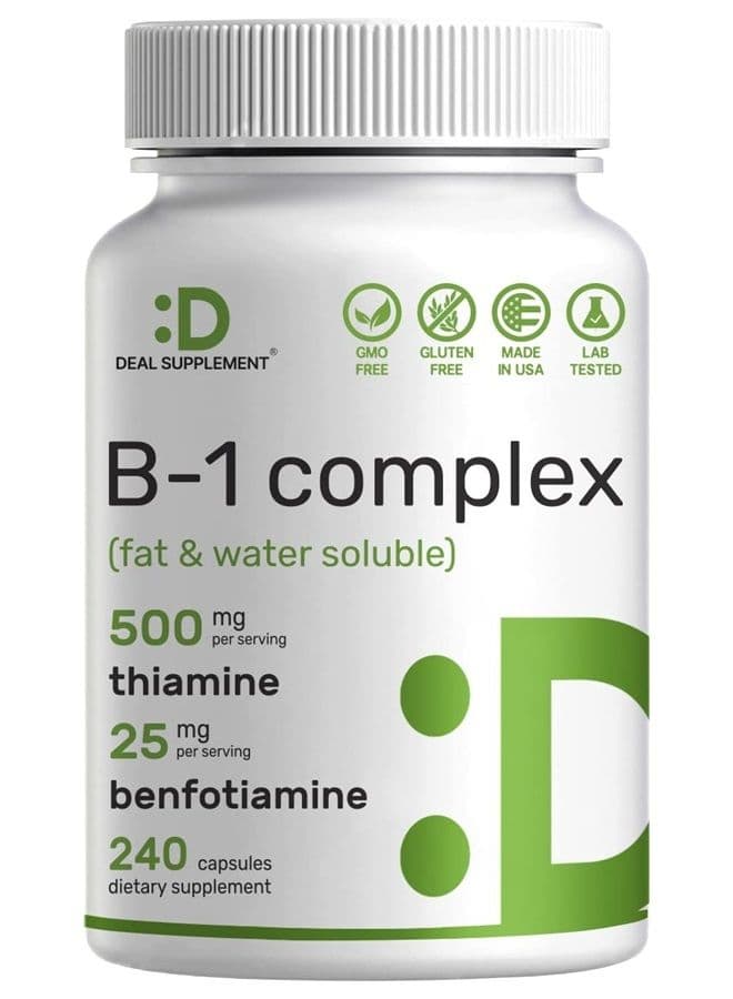 Vitamin B1 500mg with Benfotiamine, 240 Capsules – 2 in 1 Enhanced Formula – Fat & Water Soluble Thiamine B1 Supplement – Third Party Tested, Non-GMO, No Gluten
