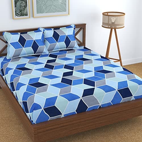 KAWI Cotton Feel 200TC Double Bedsheet Queen Size 78x60 Inches with Elastic Fitting with 2 Pillow Covers (Provide fits up to 8 Inch Mattress) - Multi Colour
