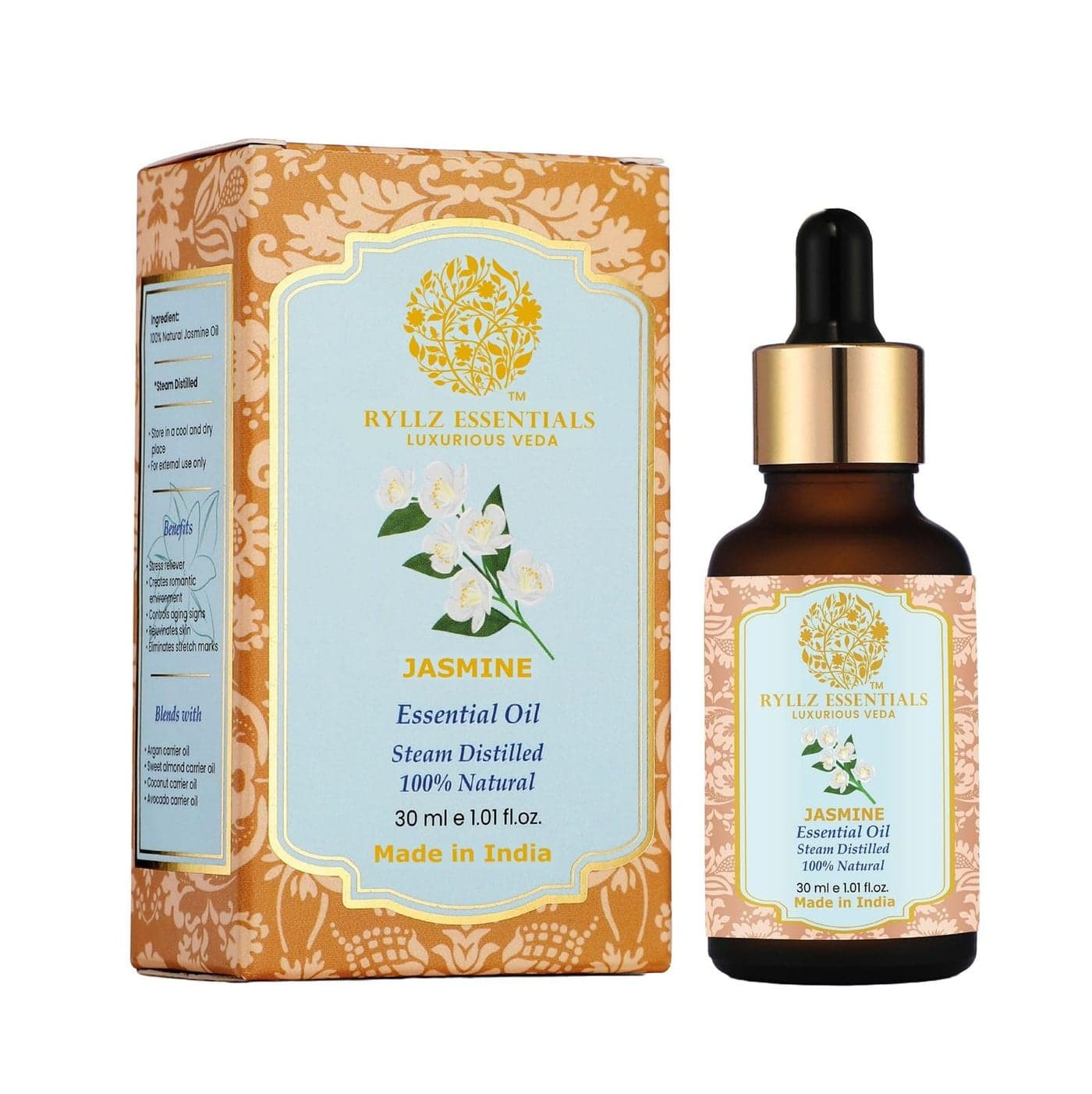 RYLLZ ESSENTIALS Jasmine Essential Oil 30ml | For Home Fragrance, Skin Care, Hair Care, Pooja, Air Fresheners, Bathing & Soap Making | 100% Pure & Natural | Undiluted & Steam Distilled | 30ml