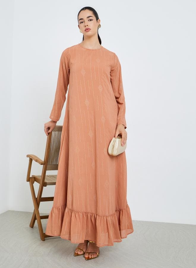 Women Peach Ruffled Hem Maxi Jalabiya