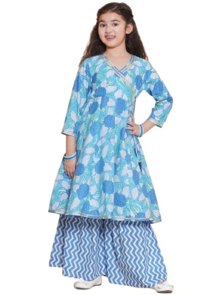 Bitiya by Bhama Girls Floral Printed V-Neck Gotta Patti Pure Cotton Kurta with Sharara(TKS200_11-12Y)