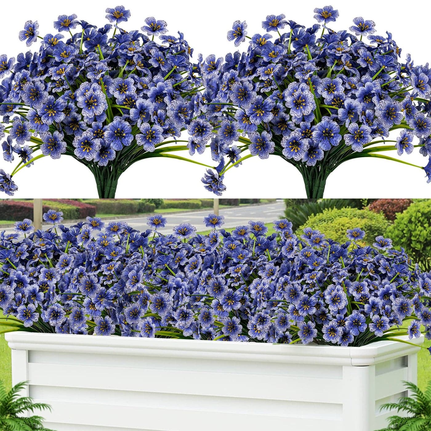 Lnoicy 24 Pcs Artificial Flowers for OutdoorPlastic Flowers Decoration UV Resistant Faux Flowers Shrubs Artificial Plants for Indoor Outside Garden Home Wedding FarmhouseBlue