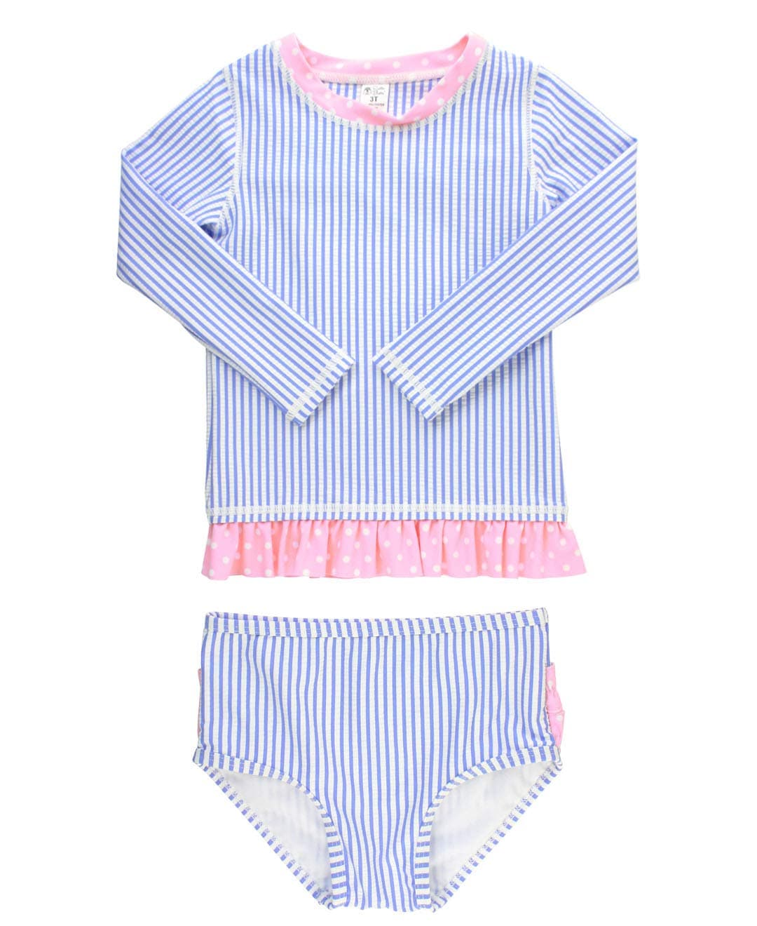 RuffleButts Girls Periwinkle Seersucker Long Sleeve Rash Guard Bikini - 3T