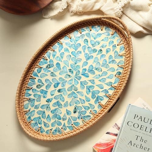Habere India-All The Cultures Fabricating India Trays for Serving | Serving Tray | Tea Plate | Wooden Tray for Decoration | Decorative Platter | Ceramic Dish - Oval, Tropical (L - L40 x W29 x H3 cm)