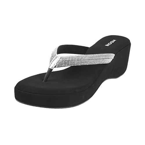 Mochi Women's Black Silver Studded Wedge Sandals | 4 Inch Heel Height | Premium Suede Open Toe Slip On Fashion Footwear | Lightweight | Comfort | Party, Casual, Festive, Stylish Wear | UK 5