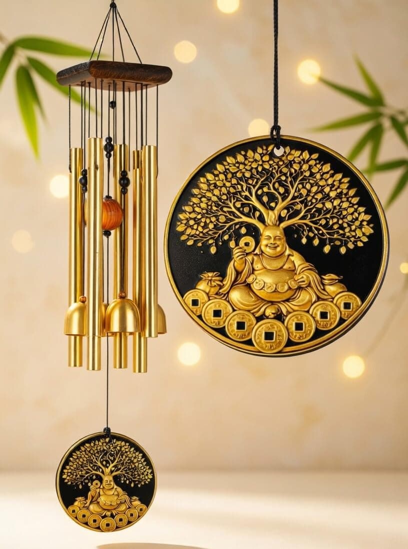 Paradigm Pictures Laughing Budha with fenshui Coin Wind Chimes for Home Balcony Decoration Items - (Pipes & Hanging Bells)