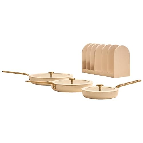 Our Place 8-Piece Essentials Complete Cookware Set - Ceramic Fry Pan Trio & Modular Rack Storage | Nontoxic Thermakind™ Nonstick, Oven Safe up to 450°F & Compatible with All Cooktops | Cream