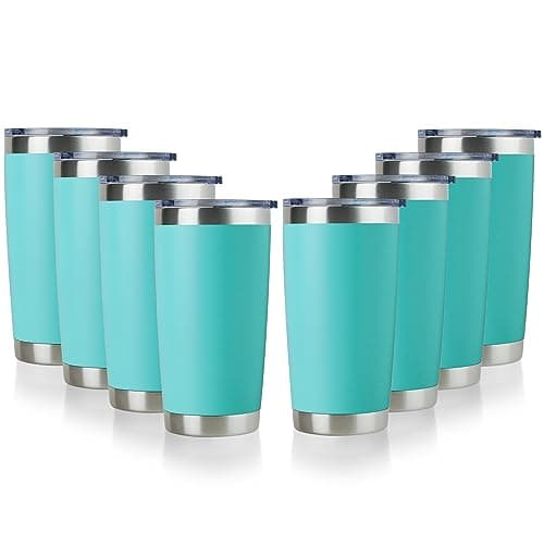 DOMICARE 20oz Stainless Steel Tumbler Bulk with Lid Double Wall Vacuum Insulated Travel Mug Powder Coated Coffee Cup Light Blue 8 Pack