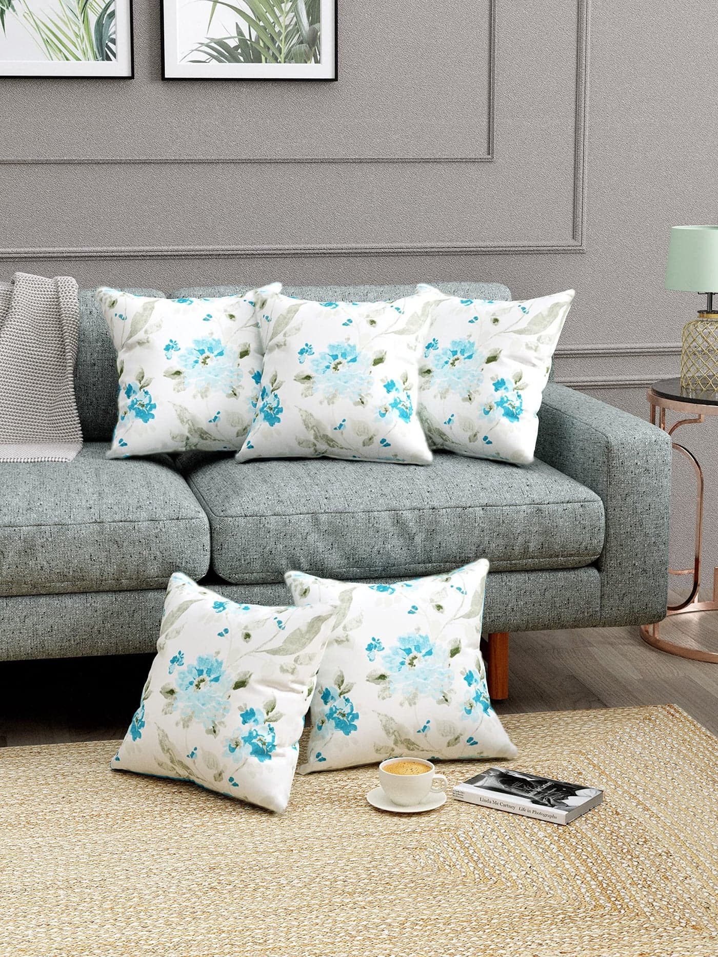 Trance Home Linen 100% Thick Cotton Printed 16x16 inch Cushion Covers for Sofa and Diwan | Throw Pillow/Small Cushion Pillow Covers (16x16 inch | 40cmx40cm, Tashi Blue) Set of 5-180 TC
