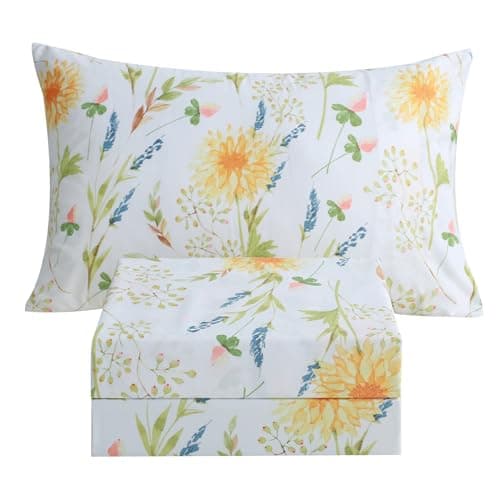 JSD Yellow Floral Printed Sheet Set Twin Size, 3 Piece Soft Botanical Microfiber Bedding Sheets Extra Deep Pocket