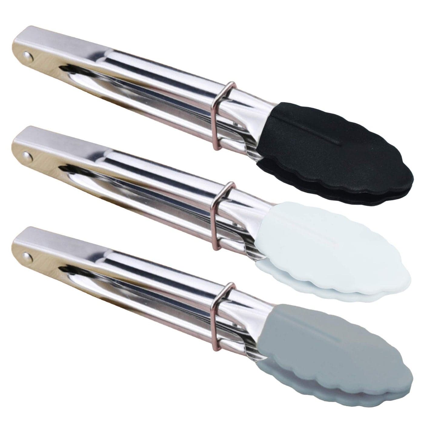 HINMAY Mini Tongs with Silicone Tips 7Inch Small Serving Tongs Set of 3 Black White Gray