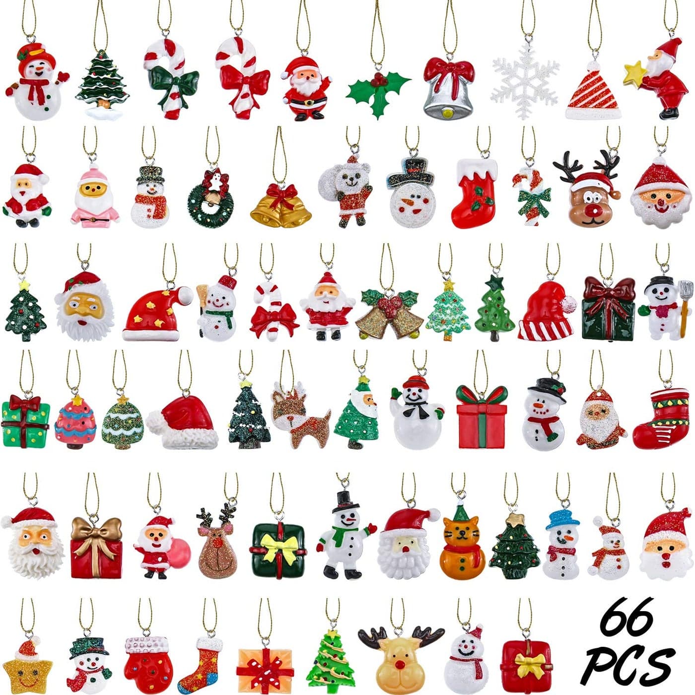 WILLBOND 66 Pieces Mini Resin Christmas Ornaments Christmas Tree Ornament with 656 Feet Gold Embroidery Thread for Xmas Hanging Decoration