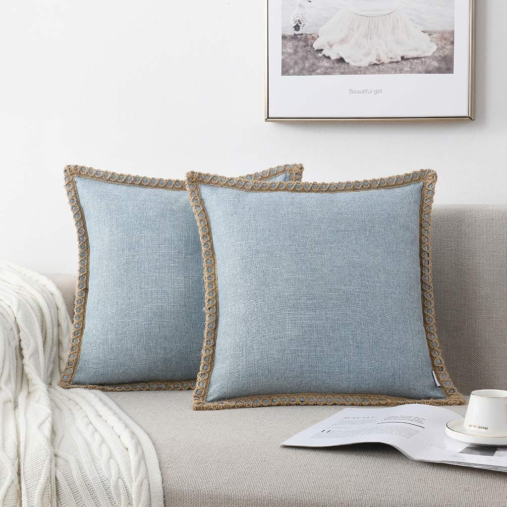 NordECO HOME Set of 2 Farmhouse Throw Pillow Covers Burlap Linen Trimmed Tailored Edges Decorative Cushion Covers for Bed Home Decoration 20 x 20 Blue