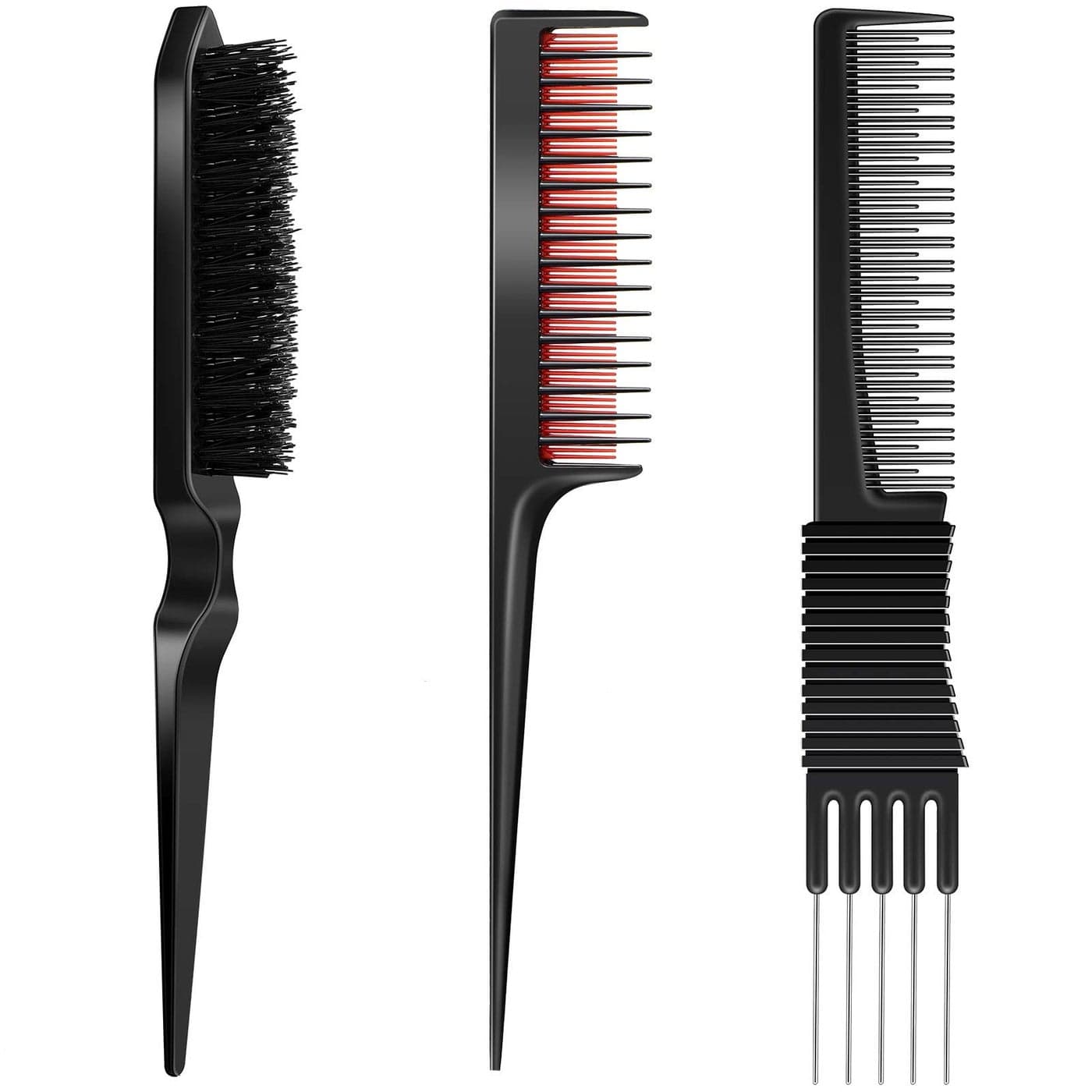 3 Pieces Pick Teasing Combs Hair Brush Set Includes Black Carbon Lift with Metal Prong Triple Pin Rat Tail Comb Nylon Bristle Hair Brush for WomenBlack and Red