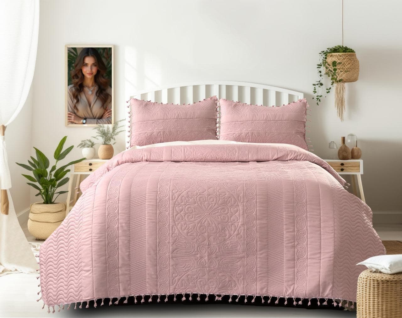 Furnistitchs Solid Quilted Bed Cover King Size 230x250 cm with Tassels – Premium Luxury Bedspread Bedsheet/Comforter with 2 Pillow Covers – Soft & Stylish Bedding for All Seasons (Rose Pink)
