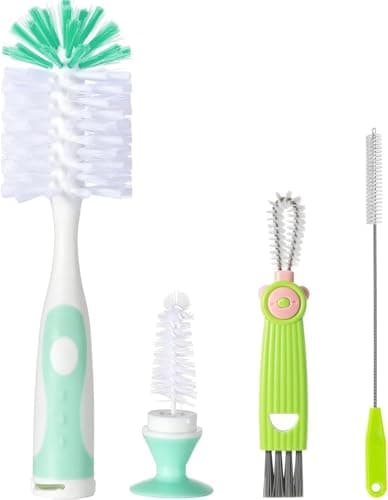 Baby Bottle Brush Set 4 in 1 Baby Bottle Cleaner with 1P Nylon Bottle Brush 1P Bottle Cap Brushes 2P Straw Brushes Bottle Brush with Nipple Cleaner and Suction Cup BPAFreeGreen