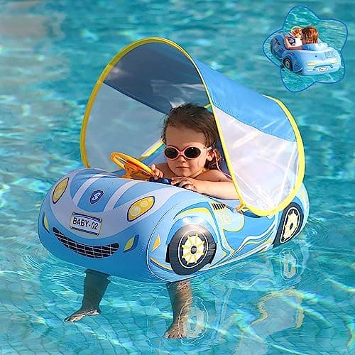 Baby Pool Float with Canopy, PVC Baby Swim Float with Sun Shade Cover, 3D Car Toddler Pool Float Swimming Floats Seat Boat for 12-18, 12-24 Months, Age 2-3, 3+ Years (Blue Canopy)