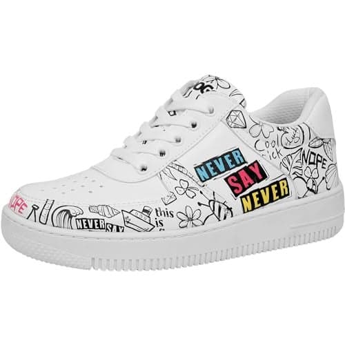 DOGO White Sneakers for Women - Handmade Women's Fashion Sneakers, Vegan Leather and Unique Design Dice Sneakers Never Say Never Design, Size 8