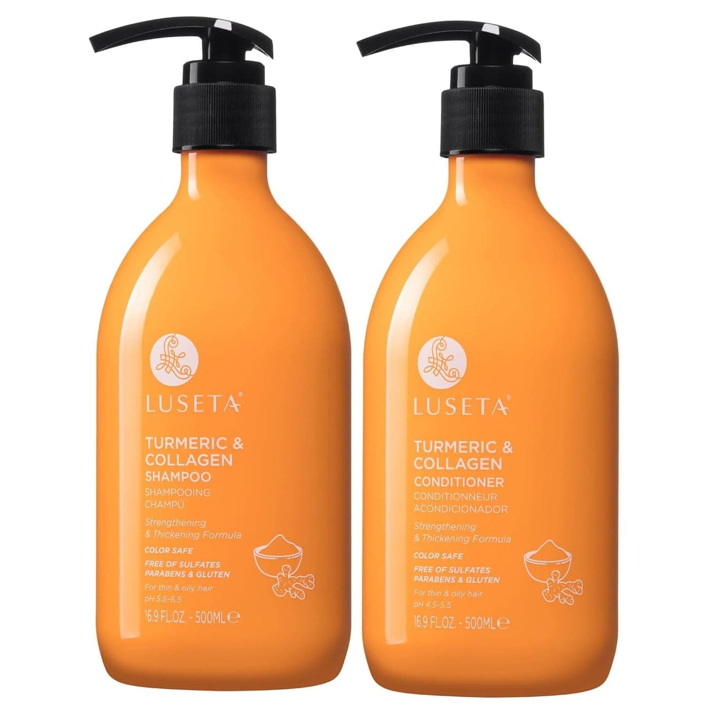 Luseta Shampoo and Conditioner Set for Hair with Turmeric & Collagen, Hair Thickening Volumizing Shampoo for Thin or Oil Hair, Sulfate and Parabens Free 2x16.9Oz