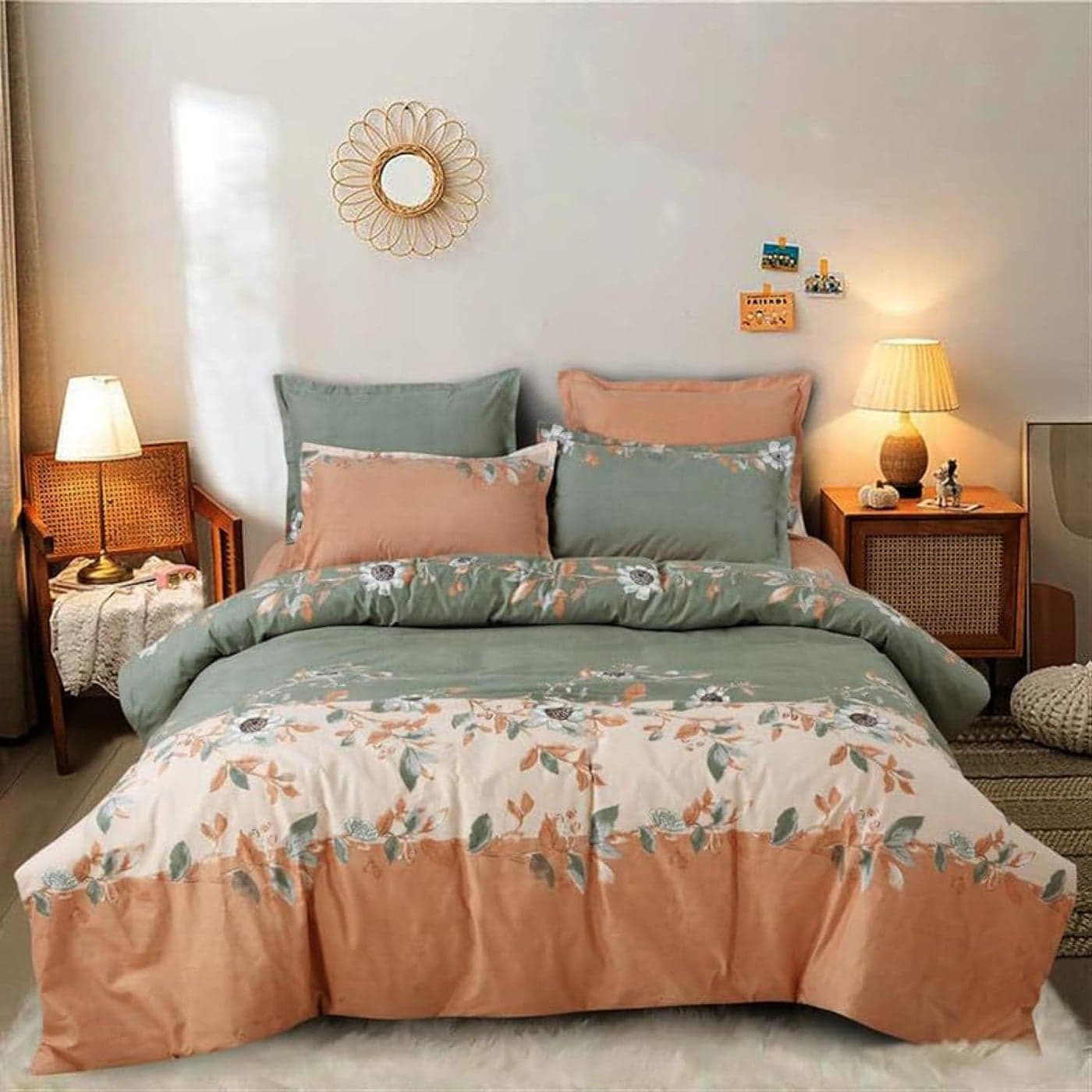 Kesar Enterprises Polycotton Printed 120 TC Comforter Bedsheet Double Bed Bedding Set Queen Size 90x100 inch Green Orange 4 Pieces