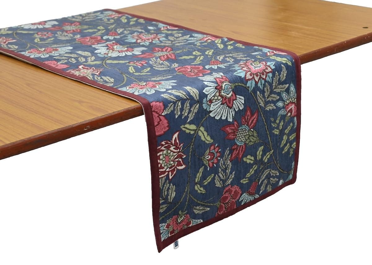 Floral Table Runner Denim Blue Velvet 14 x 72 6 Seater Printed Blossom Design
