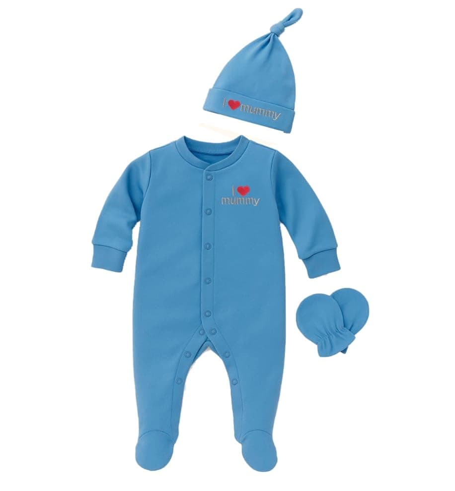 pom-pom SWEET HEARTS Baby Romper Set for Newborn Babies | 100% Cotton Sleepsuit/Bodysuit, Matching Cap & Mittens | Soft, Bio-Wash, Skin-Friendly Night Suits | 0-3 Months, I Love Mummy, Blue