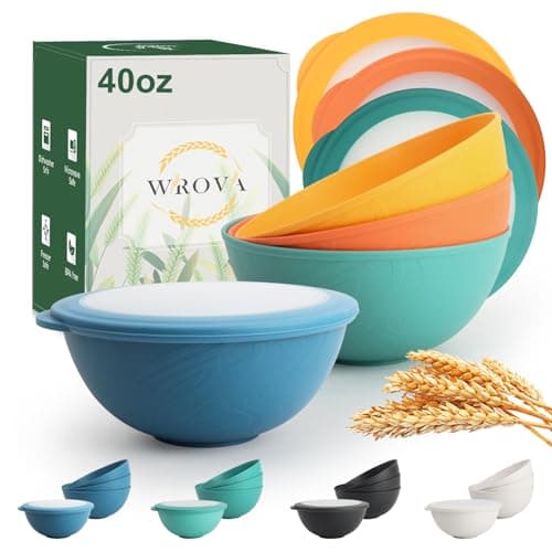 Wrova 40oz wheat straw bowls with lids set of 4,cereal bowls with covers anti-leaking,unbreakable salad container for lunch, dishwasher safe bowl sets for kitchen. Vibrant Series