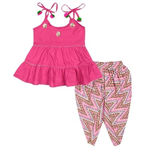 superminis Baby Girls Cotton Solid Color 3 Tiered Kurti With Printed Dhoti Salwar Dress & Outfit (4-5 Years, Pink)