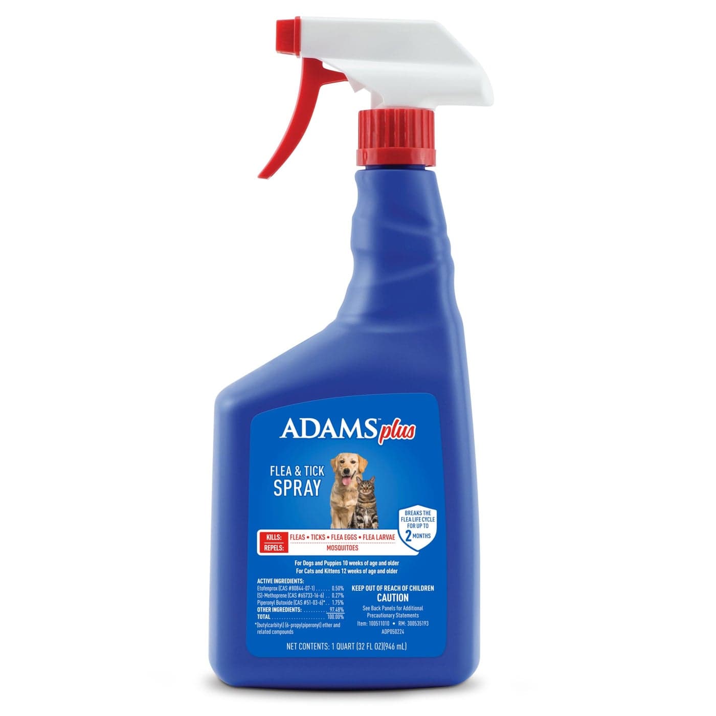 Adams Plus Flea & Tick Spray with Precor ; Kills Adult Fleas, Flea Eggs, Flea Larvae, Ticks, and Repels Mosquitoes For Up To 2 Weeks ; Controls Flea Reinfestation For Up To 2 Months ; 32 Oz