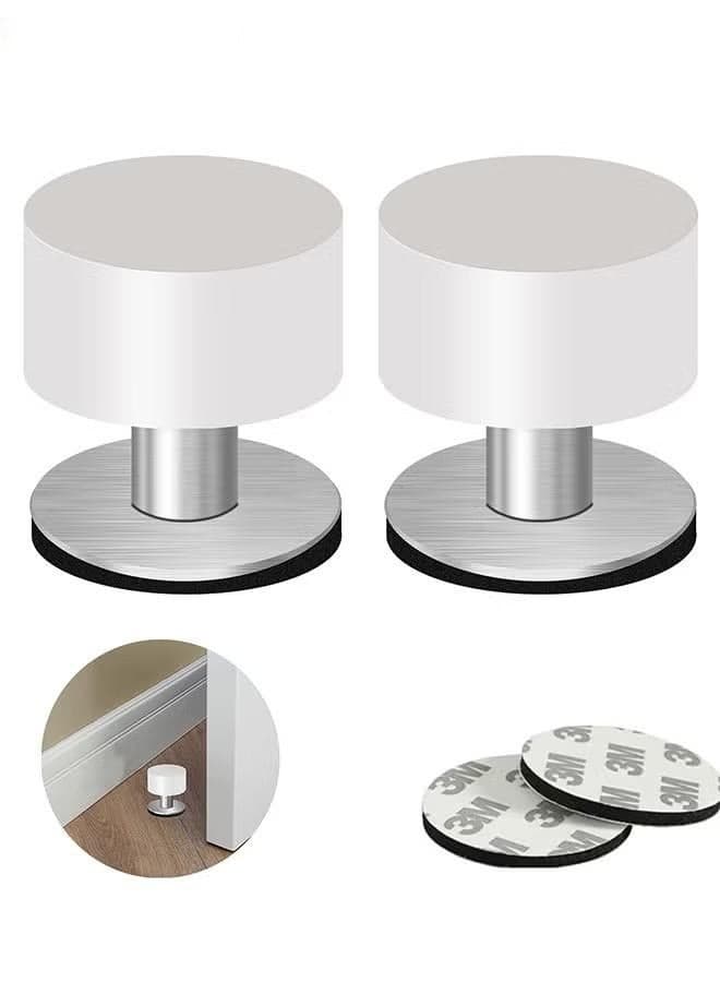 2 Pack Door Stoppers Stop, Self-Adhesive Door Stops with Black Rubber Bumper & Stainless Steel Body, Heavy Duty Door Knob Wall Protector Sound Dampening for Home & Office Use, white