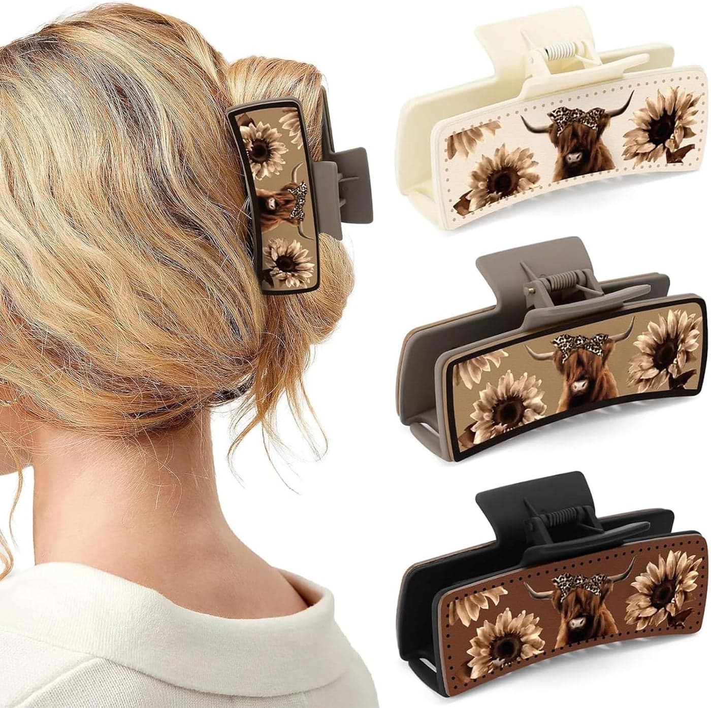 Square Claw Clips 3Pcs Highland Cow Square Claw Clip Claw Clips for Thick Hair Aesthetic Western Country Hairgrips Hair Accessories for Women Highland Cow Themed Gifts for Teen Girls