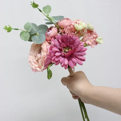 Zerzsy Artificial Flowers Bouquets 4PCS Mixed Pink Artificial PeoniesFake Flower Holding Flowers Wedding Bouquet for Bride Spring Home Desk Decor