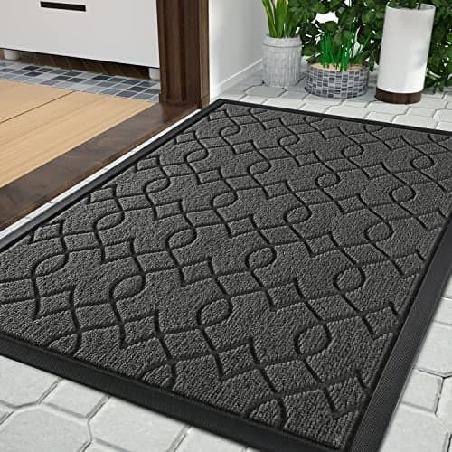 Yimobra Large Door Mat 36x24, All-Season Waterproof Doormat Outdoor Entrance, Heavy Duty Non-Slip Outside Door Mat for Garage Patio Proch Entryway Indoor, Easy Clean, Black Gray