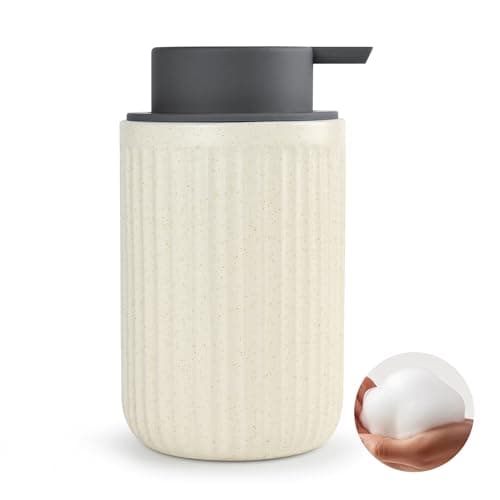 ABBI NIMO Beige Ceramic Foaming Soap Dispenser, Speckled Rippled 12 oz Bottle with Gray Silicone Pump, Foam Dispenser for Kitchen or Bathroom, Speckled Beige