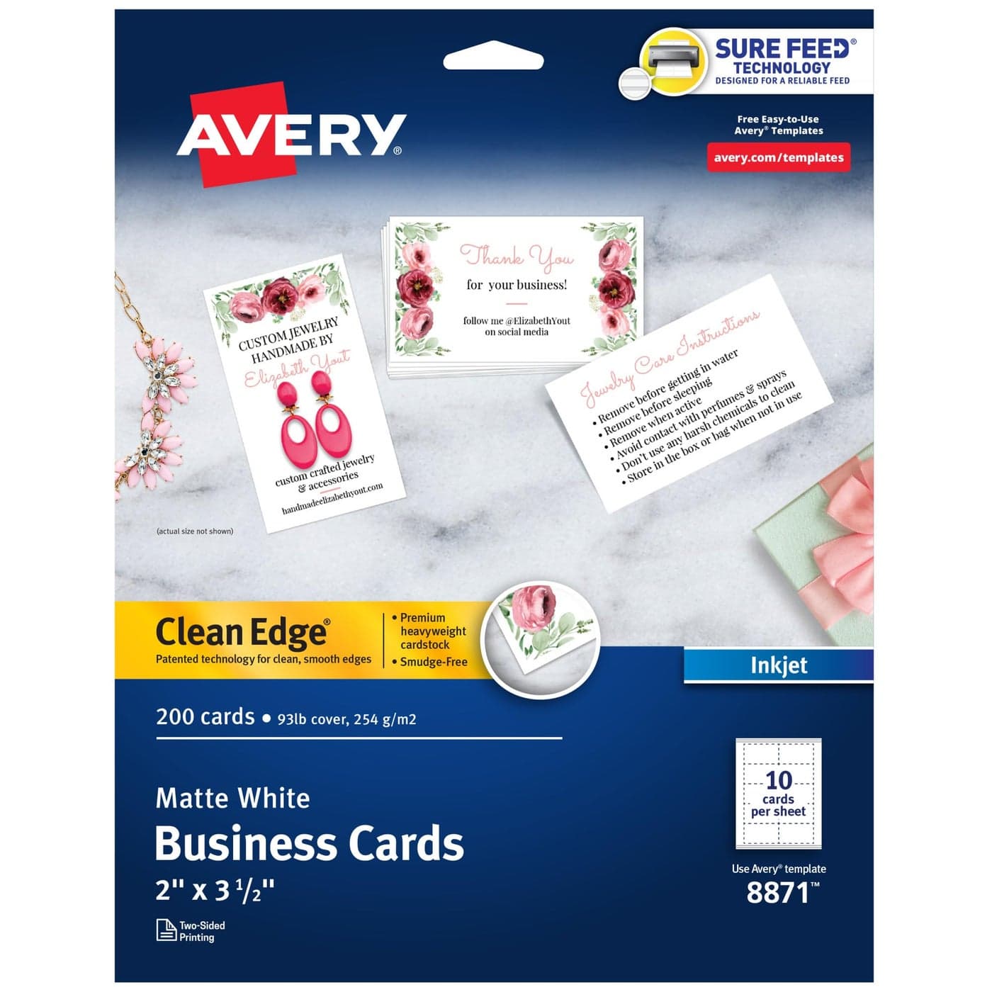 Avery Clean Edge Printable Business Cards with Sure Feed Technology 2 x 35 White 200 Blank Cards for Inkjet Printers 08871