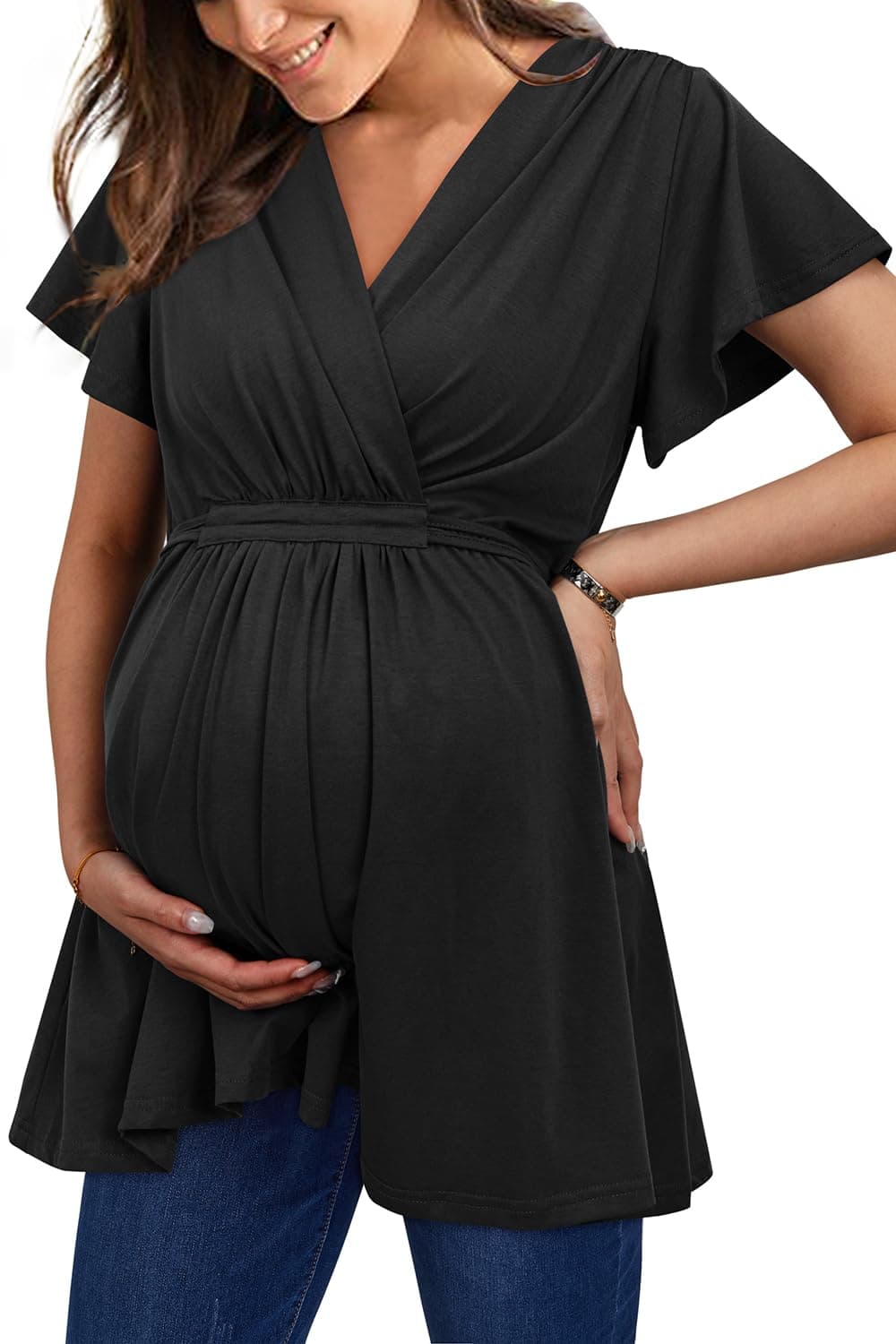OUGES 2025 Womens Maternity Tops/Shirts Short Sleeve Wrap V Neck Tie Back Pleat Peplum Maternity Clothes/Tunic Casual Pregnancy Blouse(Black,M)