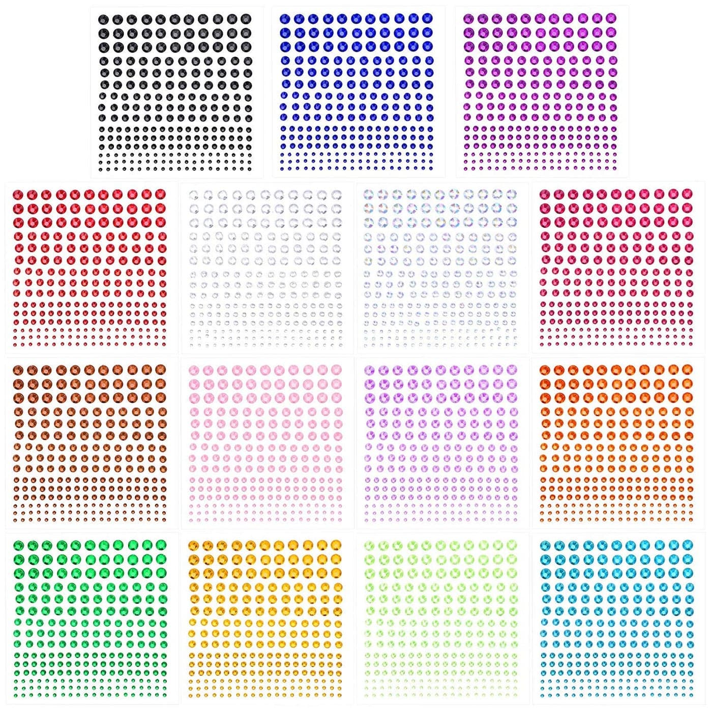 PHOGARY SelfAdhesive Rhinestone Sticker 3375 Pieces Crystal in 5 Size 15 Colors Bling Craft Jewels Gem Stickers for Crafts Body DIY Nails Festival Carnival Makeup