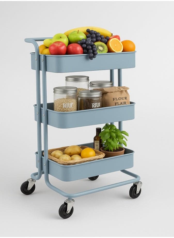 3 Tier Multipurpose Storage Trolley with Wheels Handle – Heavy Duty Rolling Utility Cart, Steel Organizer Rack for Kitchen, Bathroom, Laundry & Office (Blue)