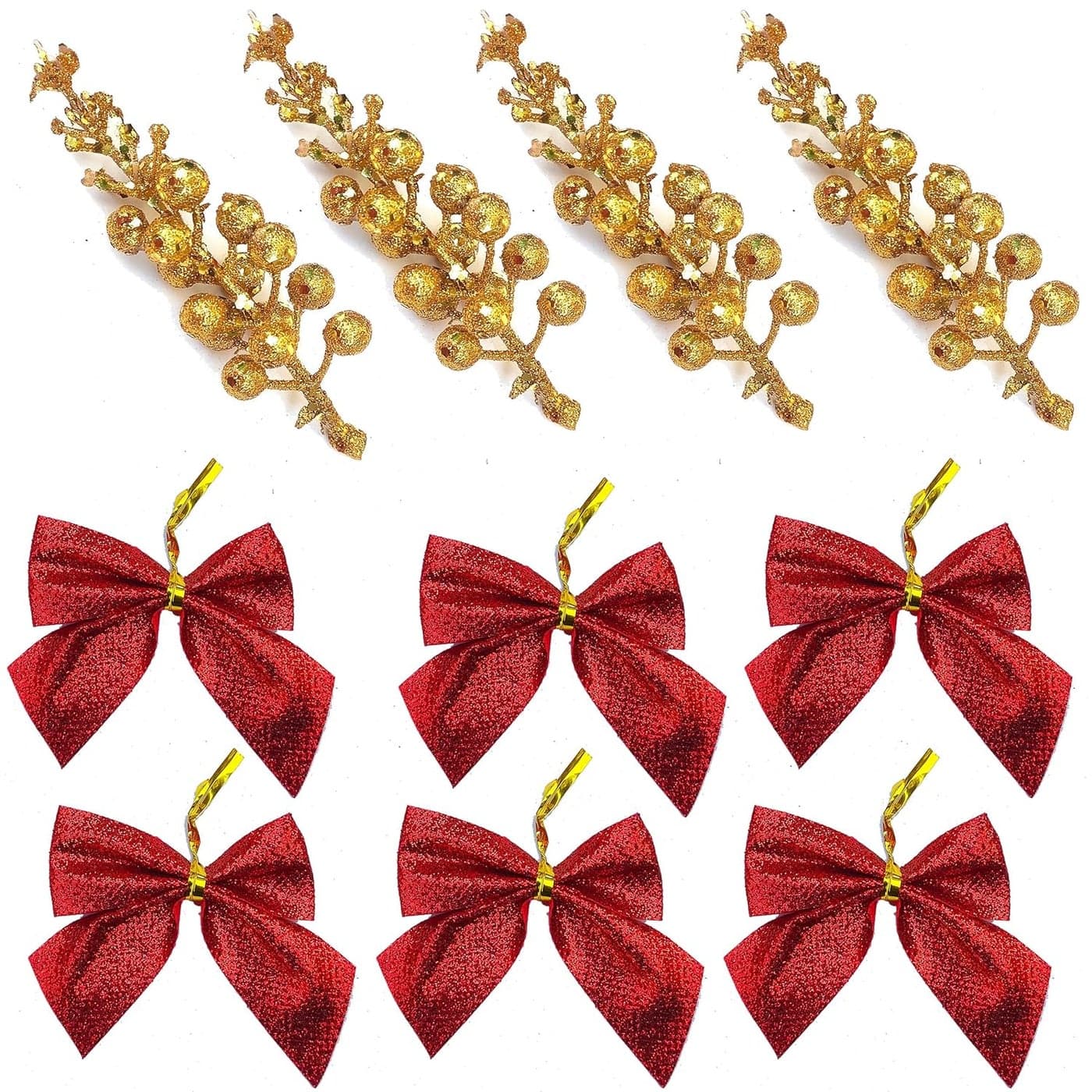 Forty Wings Set of 12 Red Glitter Bows with 5 Golden Glitter Cherry Bunch Christmas Flower for Christmas Ornaments Xmas Tree Hangings Ornaments for Christmas Decoration Items for Home Decoration