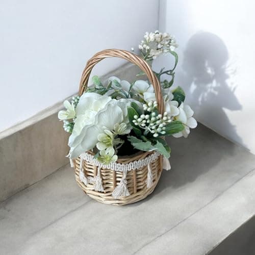 Art Street Artificial Hydrangea Flowers with Wicker Handwoven Basket |Wedding Flower Girl Baskets|Flower Pot for Table Top| Dining Table | Home Decor Living Room & Office |Beige, Size: 5x7.5 Inch