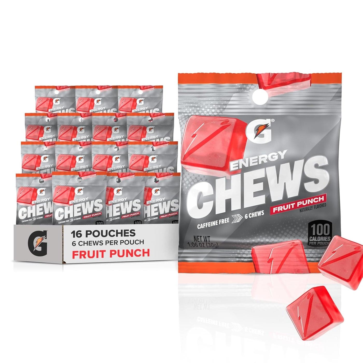 Gatorade Energy Chews Fruit Punch Caffeine Free B12 106 oz 100 Calorie Pouches 16 Pack