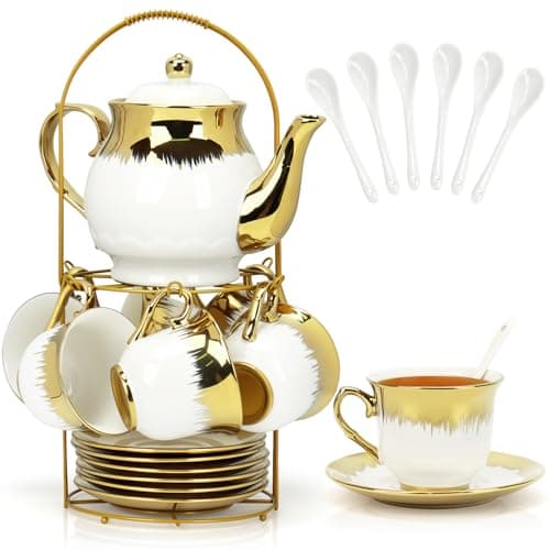 Porcelain Tea Set, Large Ceramic Tea Set for Adults with Metal Holder, 20 Pcs European Tea Cup Set, Luxury Adult Tea Sets Gift, Gold Trim Tea Cup Saucer Sets for Party Deco,1000ML (Gold Trim)